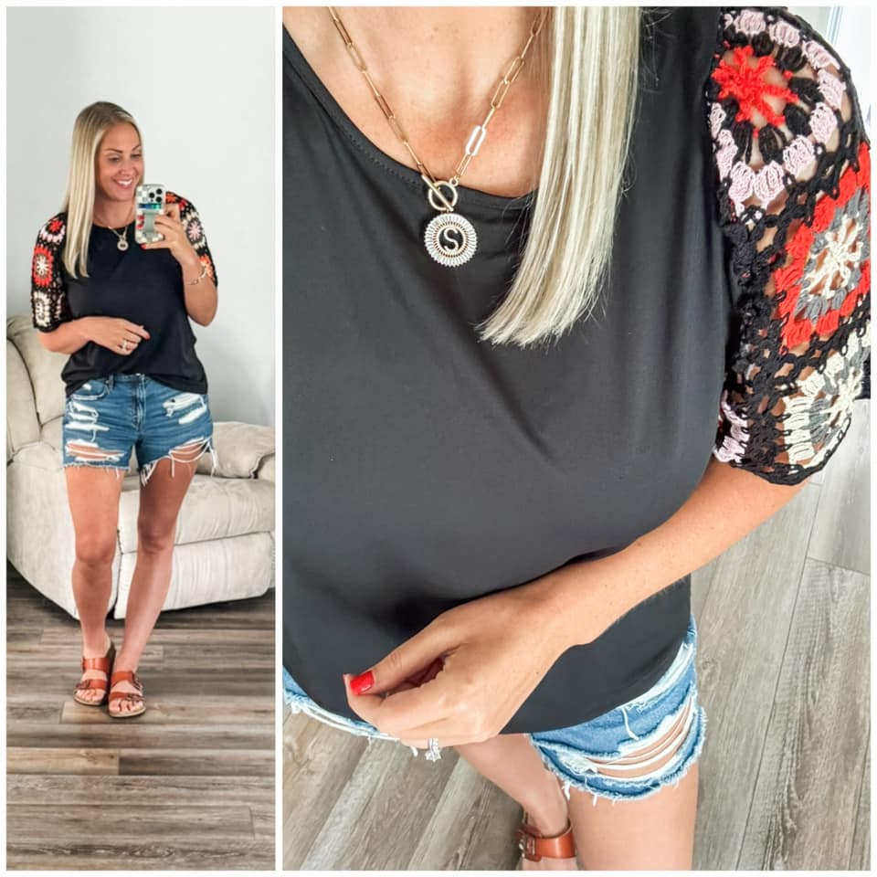 Boho Bloom Crochet Sleeve Top - PREORDER