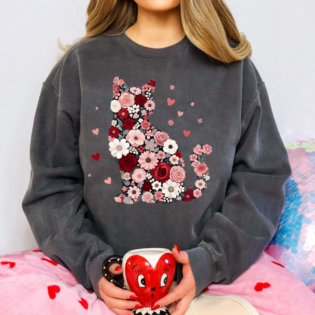 Floral Cat Valentine Tee/Crewneck