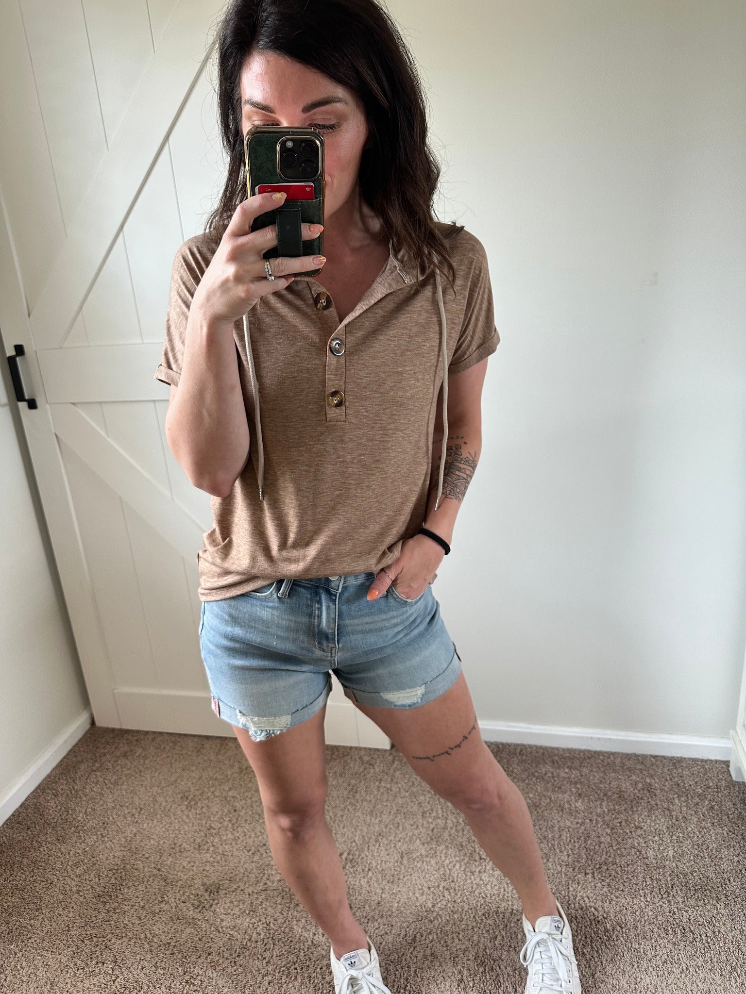 Half Button Hooded Short Sleeve Top PREOREDR