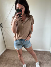 Half Button Hooded Short Sleeve Top PREOREDR