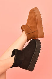 Suede Round Toe Platform Booties - Black