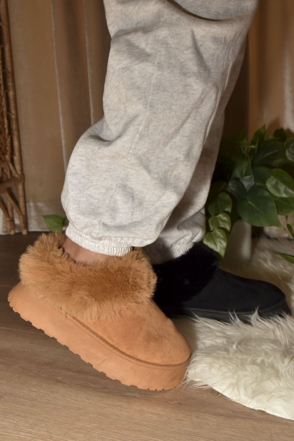 Faux-Fur Platform Slip On Booties - Camel