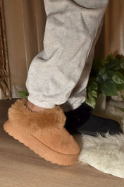 Faux-Fur Platform Slip On Booties - Camel