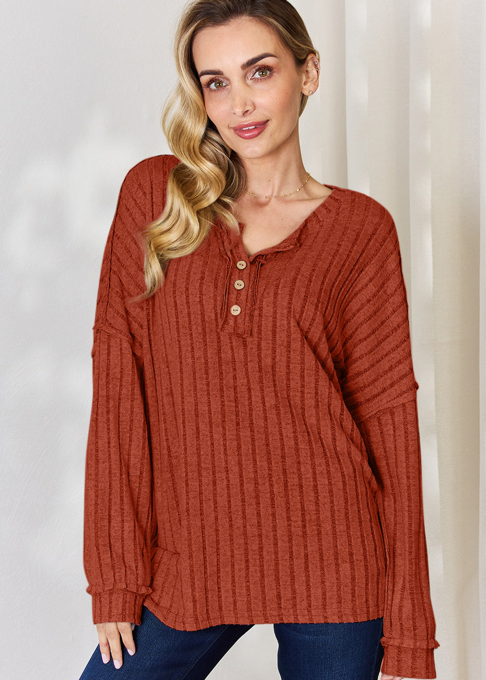 Basic Bae Full Size Ribbed Half Button Long Sleeve T-Shirt