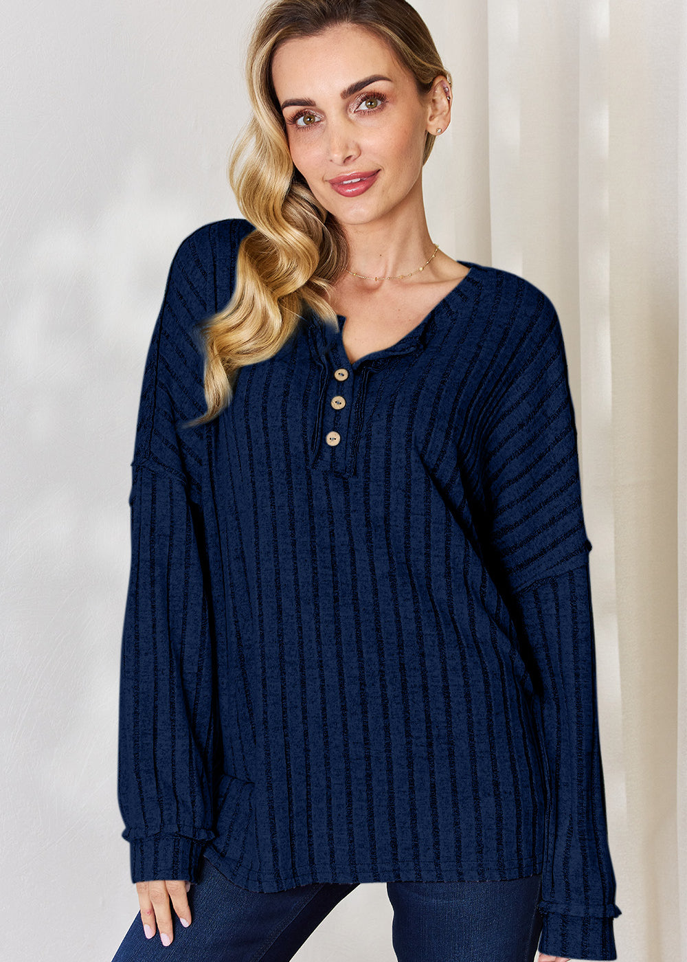 Basic Bae Full Size Ribbed Half Button Long Sleeve T-Shirt