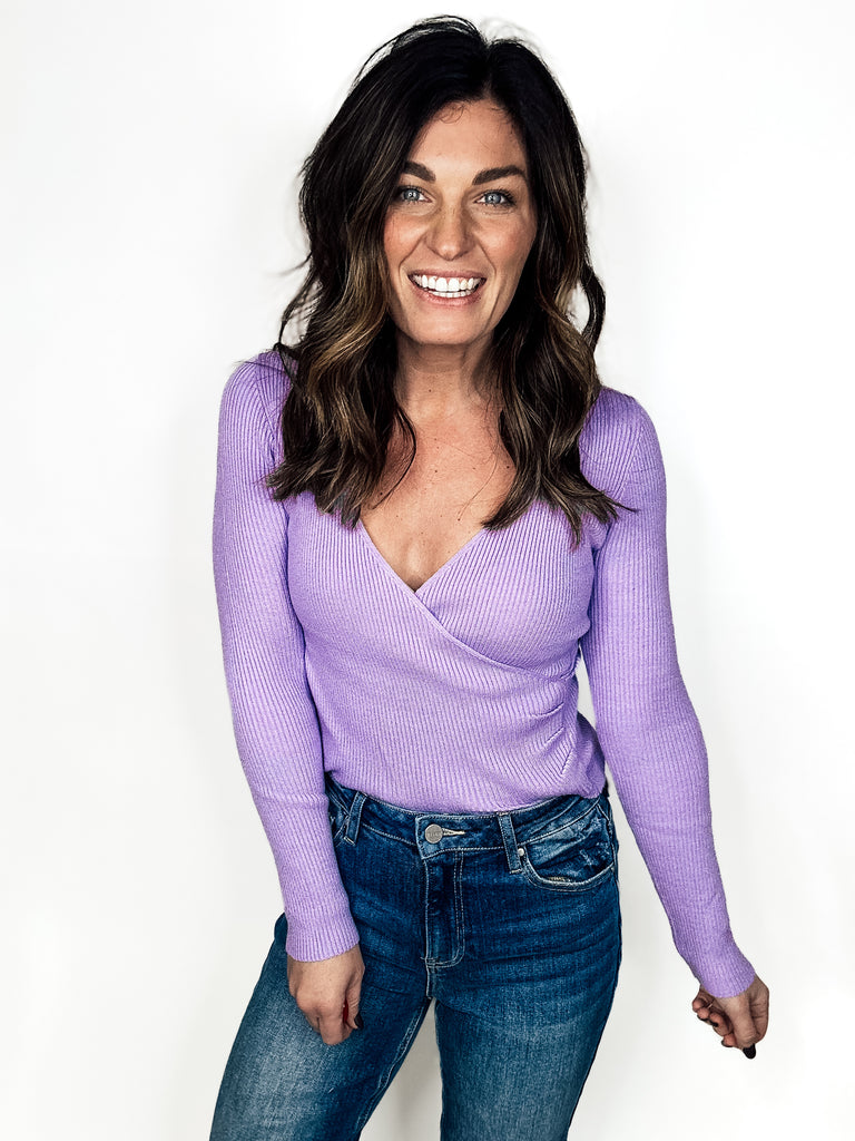 Only Yours Surplice Ribbed Sweater Top - Lavender