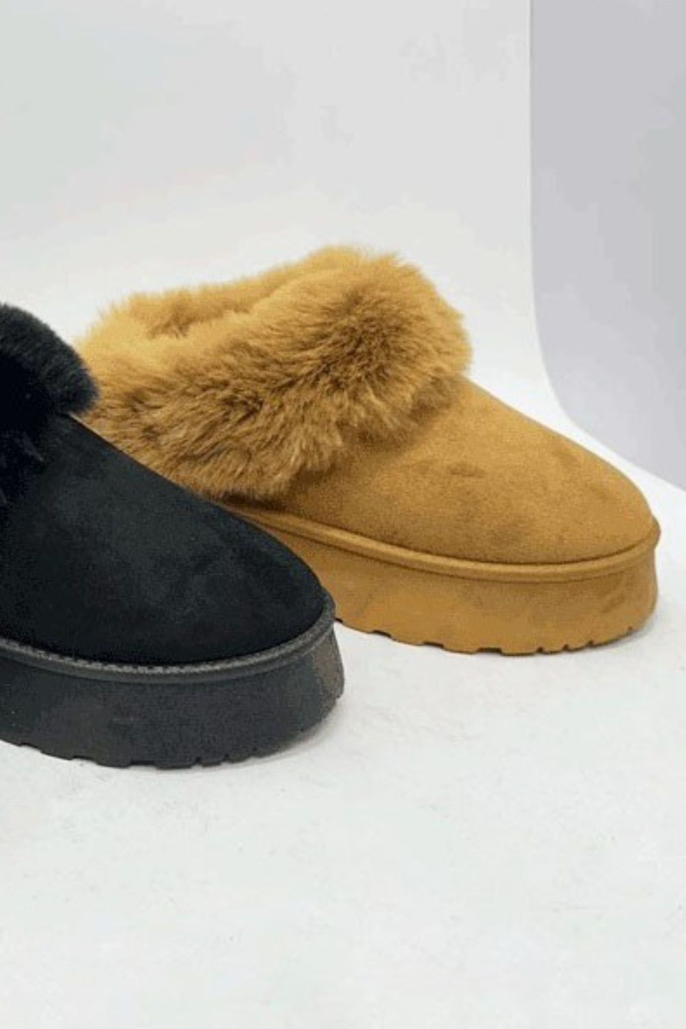 Faux-Fur Platform Slip On Booties - Camel