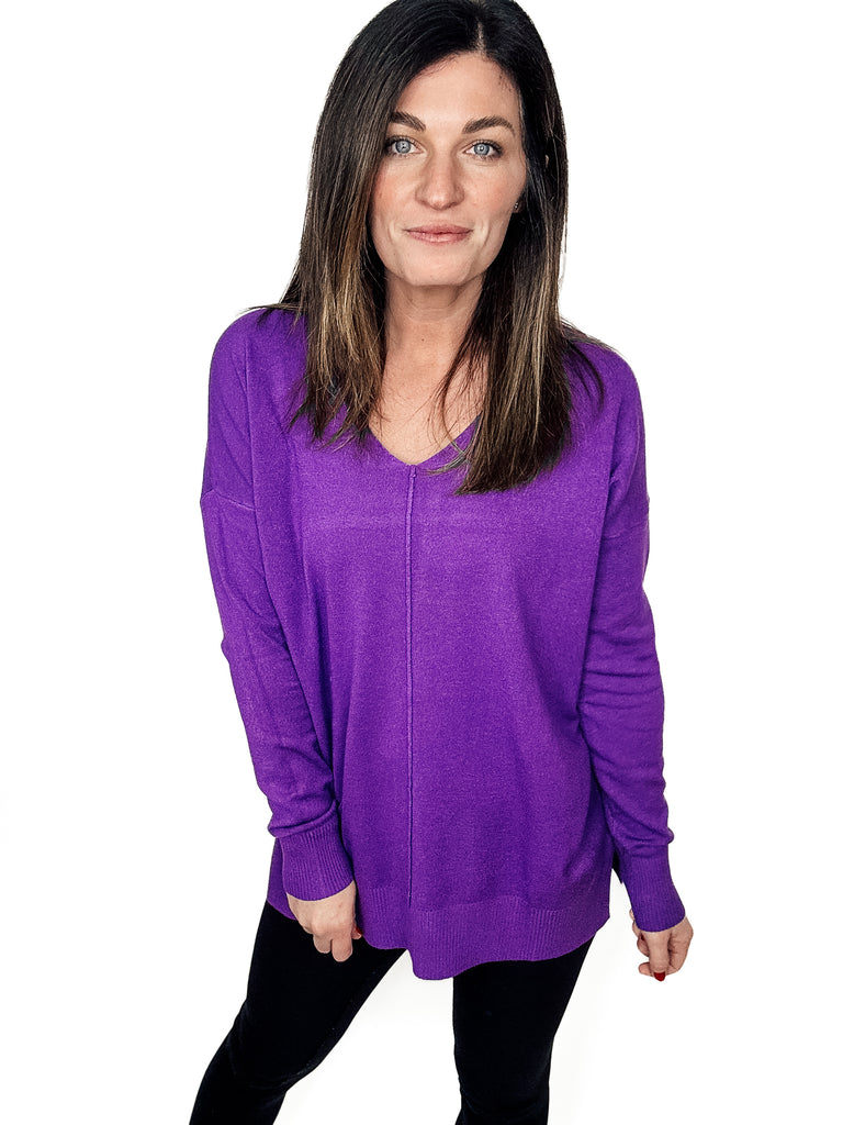 V-Neck Front Seam Sweater in Heather Violet
