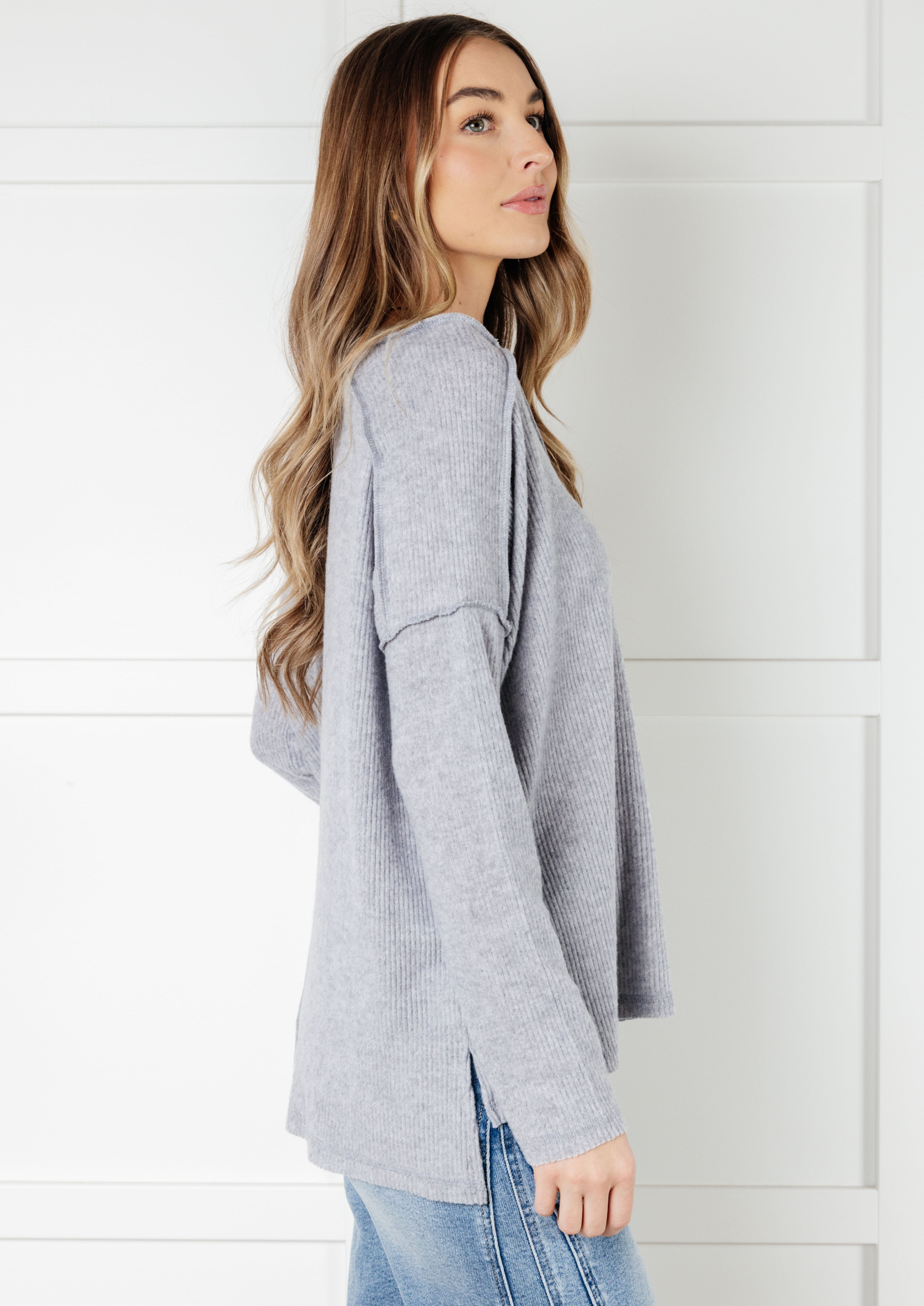Basically Freezing Brushed Hacci Top in Heather Grey