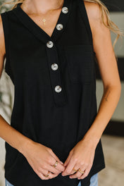 Buttoned Up Buttercup Sleeveless Top in Black