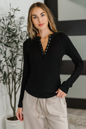 Effortless Edge Knit Henley Top in Black