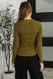 Effortless Edge Knit Henley Top in Camo Green