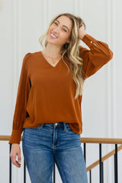 Enjoy This Moment V Neck Blouse In Toffee