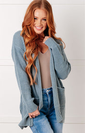 Everything Layer Waffle Knit Open Front Cardigan in Blue Grey