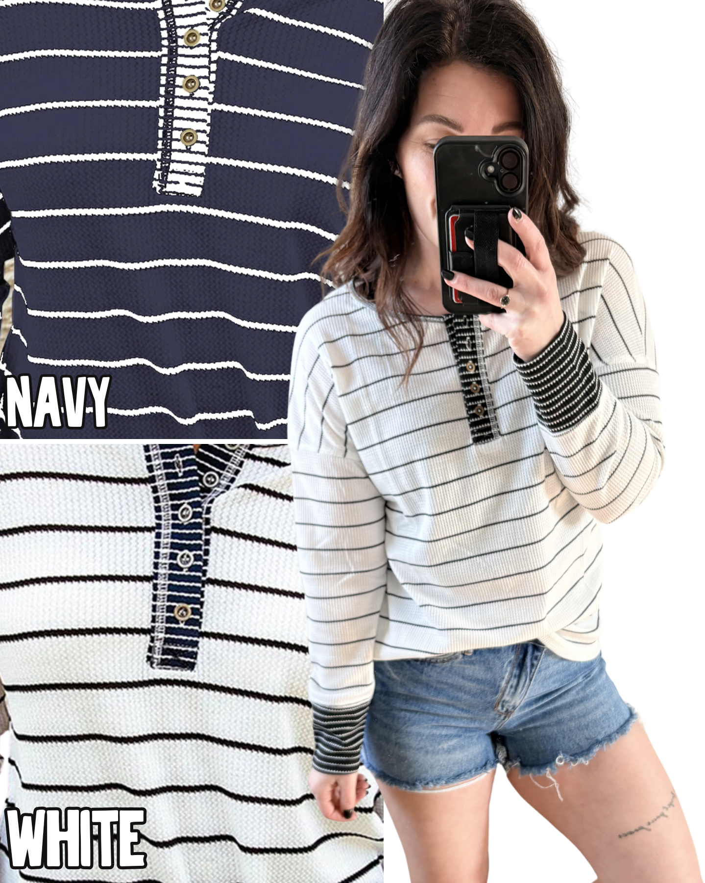 Striped Waffle Knit Henley Top PREORDER