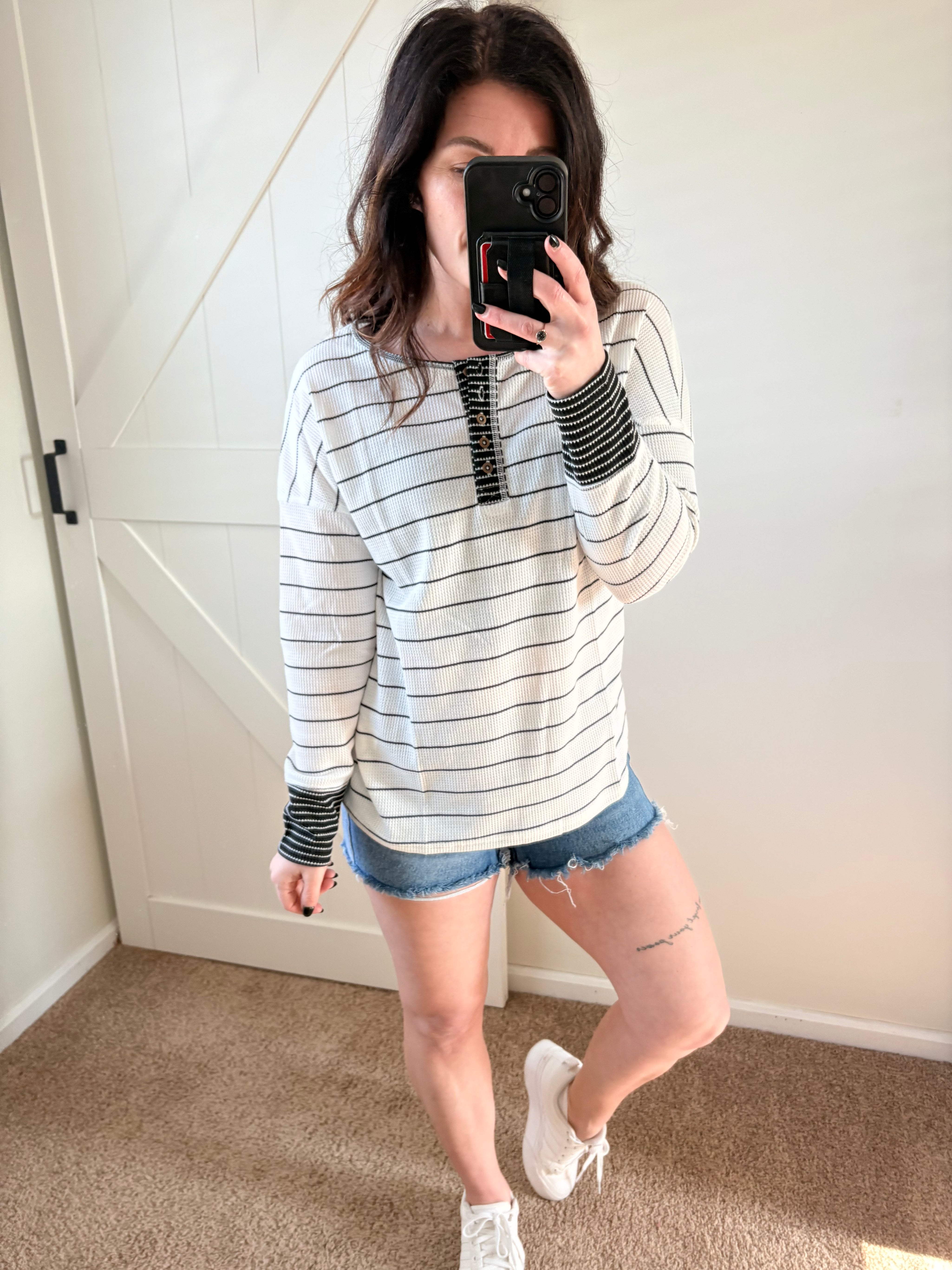 Striped Waffle Knit Henley Top PREORDER
