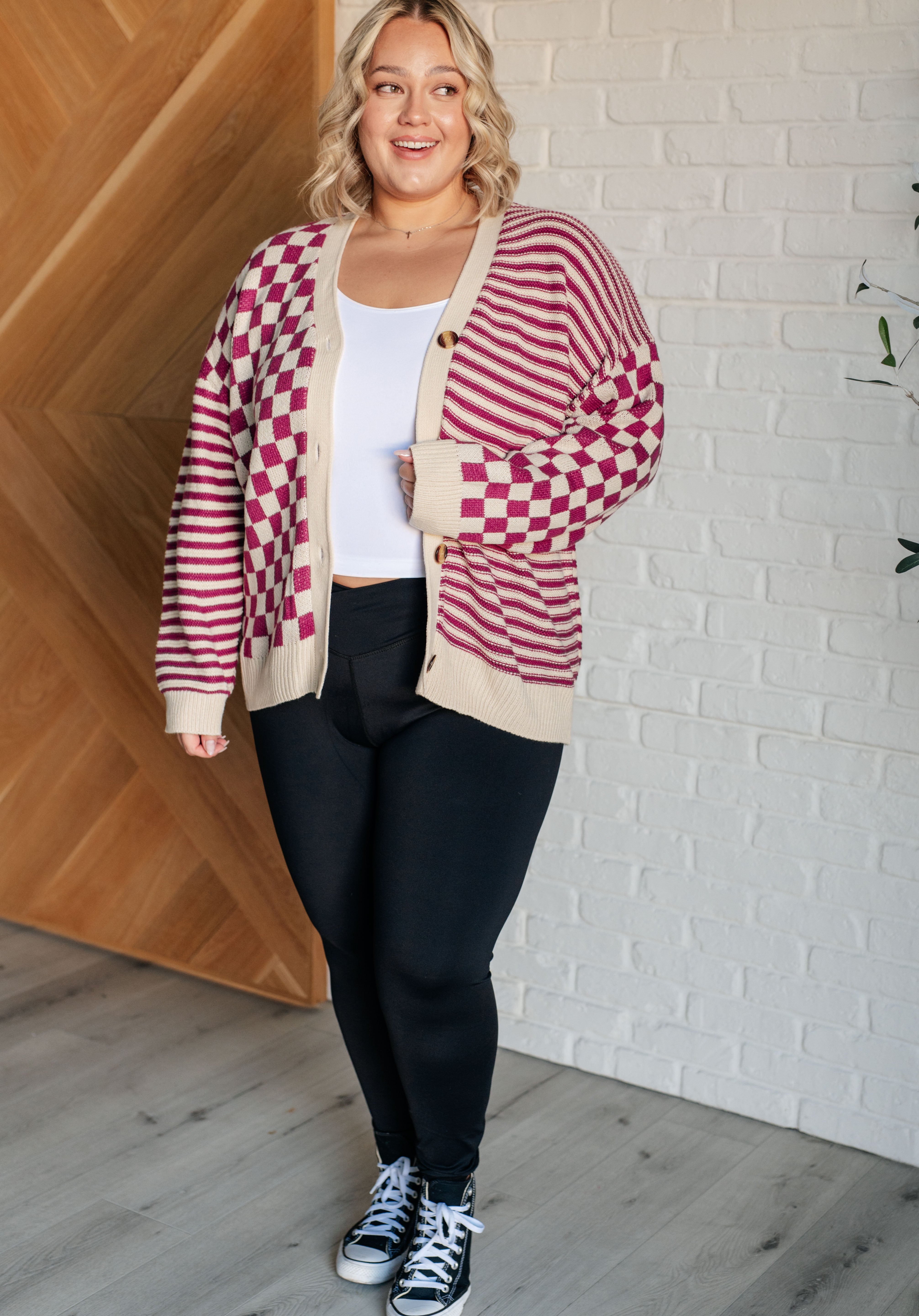 No Brainer Button Down Sweater Knit Cardigan in Magenta/Oatmeal