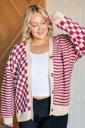 No Brainer Button Down Sweater Knit Cardigan in Magenta/Oatmeal