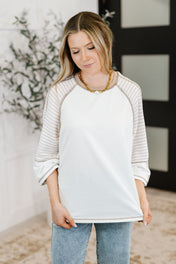 Preoccupied Striped Sleeve Top in Tan