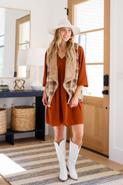 Snug And Stylish Plaid Fur Lined Wide Collar Vest