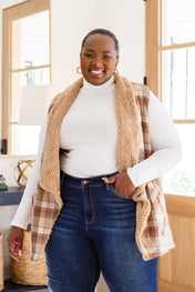 Snug And Stylish Plaid Fur Lined Wide Collar Vest