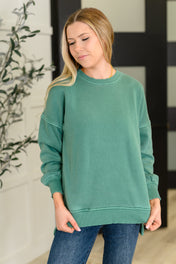 Talk Cozy to Me Stepped Hem Pullover in Dark Green