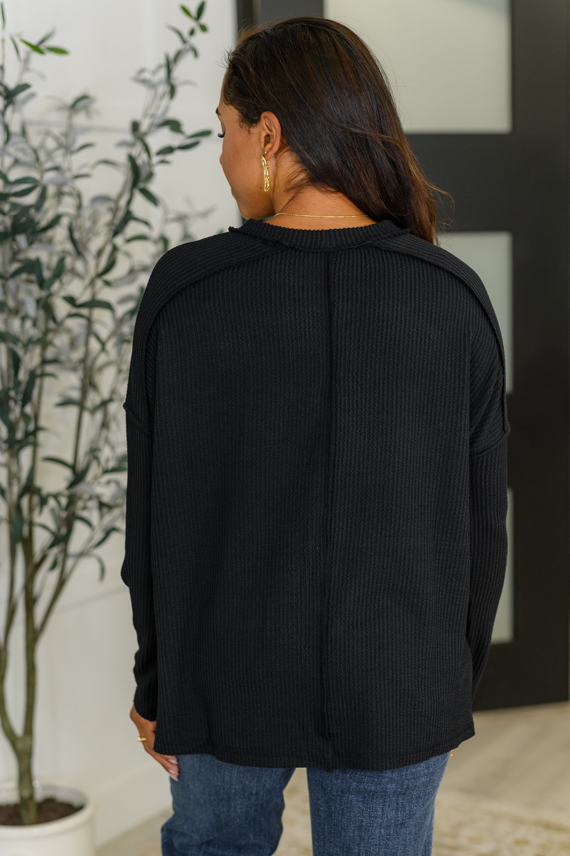 Wander & Rest Cable Ribbed Knit Drop Shoulder Top in Black