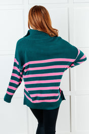 Well Situated Striped Quarter Zip Sweater in Green and Pink