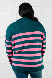 Well Situated Striped Quarter Zip Sweater in Green and Pink