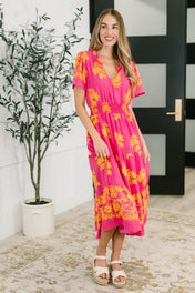 Whispering Willow V-Neck Dress in Fuchsia