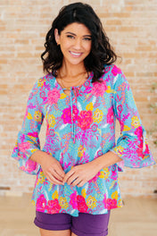 Willow Bell Sleeve Top in Bright Blue Floral