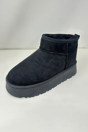 Suede Round Toe Platform Booties - Black