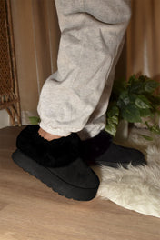 Faux-Fur Platform Slip On Booties - Black